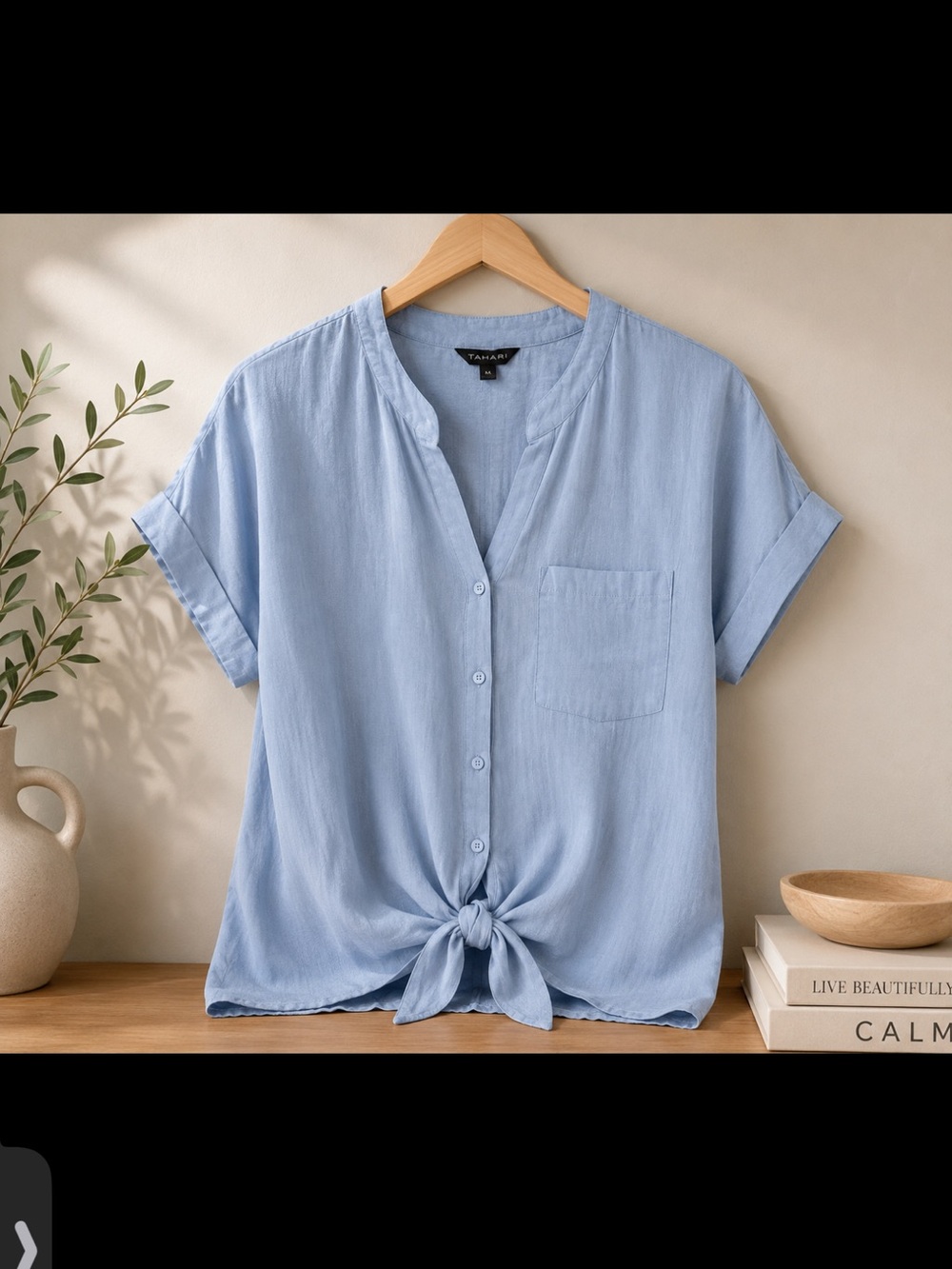 Tahari Pale Blue V-Neck Linen-Blend Tunic - Picture 2 of 3